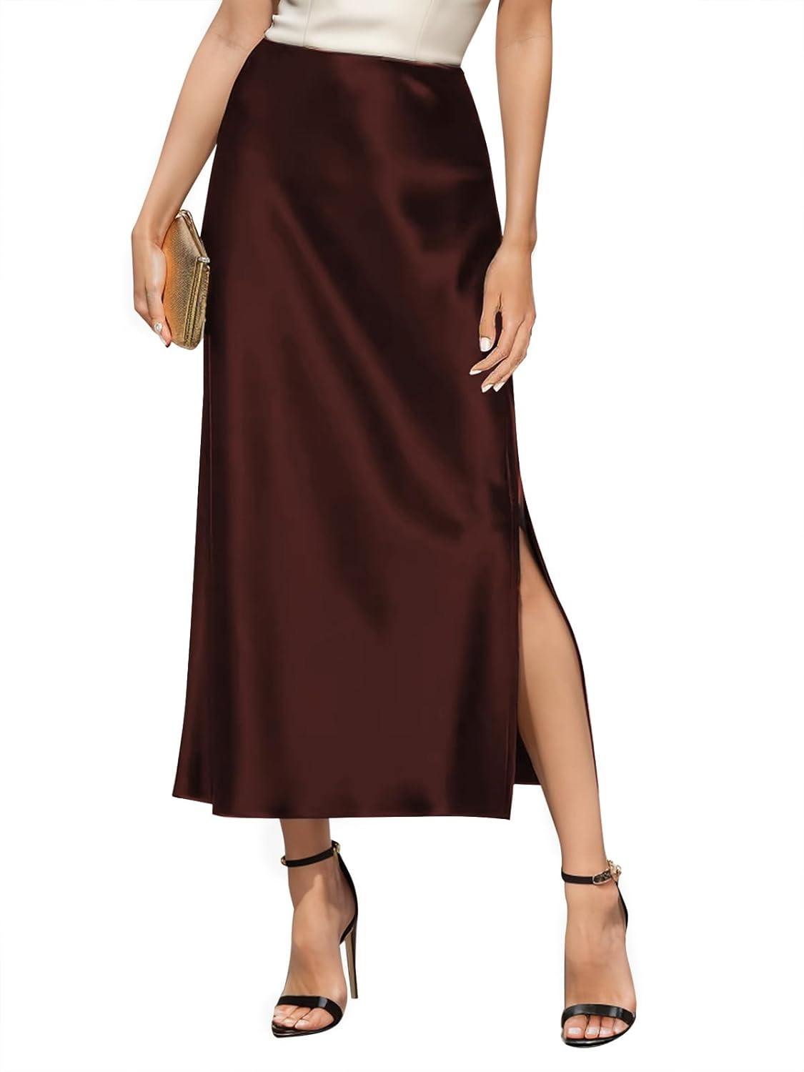 Women's Satin High Waisted Side Split Maxi Skirt Elastic Waistband Long Silk Skirts for Women