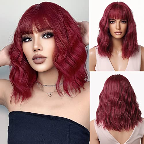 Esmee Short Wave Red Bob Wigs With Fringe Shoulder Length Burgundy Wig Curly Wavy Synthetic Cosplay Wigs for Women