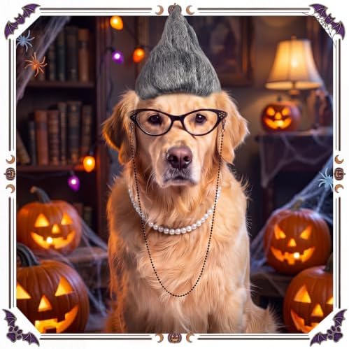 Suhine Pet Halloween Costume Accessories Set Vintage Old Lady Style Pointed Grey Wig, Pearl Necklace, Cat Eye Glasses, Chain and Nose Pads Funny Granny Cosplay Props for Cat Dog Party - 4