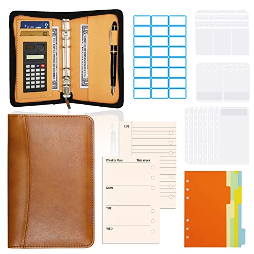 LSAMA Budget Planner, A6 PU Leder Portfolio mit Geldumschlag Rechner, 6-Ring Notebook Binder Budget Ordner, Reißverschluss Geld Organizer Cover