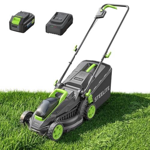 STEELITE 20V 13-Inch Brushless Cordless Lawn Mower 4.0Ah Battery & Charger Included Ultra-Lightweight 5-Position Height Adjustment 2-in-1 Mulching & 8-Gallon Bag Ideal for Small Yards