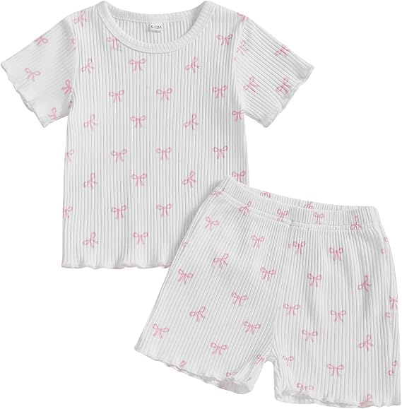 Fnaobai Toddler Baby Girl Summer Clothes Ruffle Ribbed Knit Short Sleeves Cute Bow T Shirt Tops and Shorts Outfit