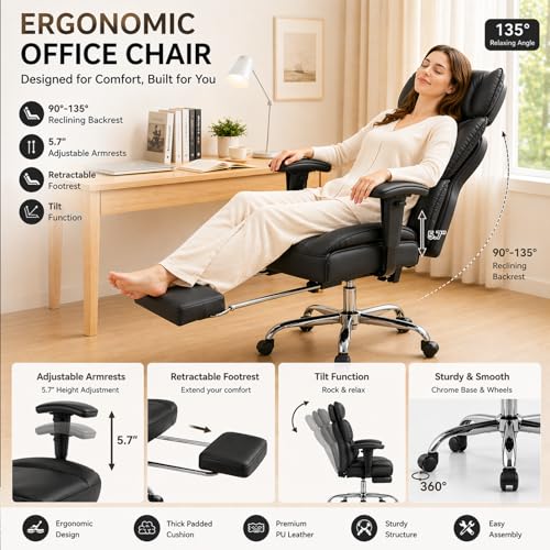 Image of Big and Tall Office Chair 350 LBS, Scratch-Resistant PU Leather Executive Office Desk Chair with Footrest, Ergonomic Reclining Computer Chair with Pocket Spring Support for Home Office, Black