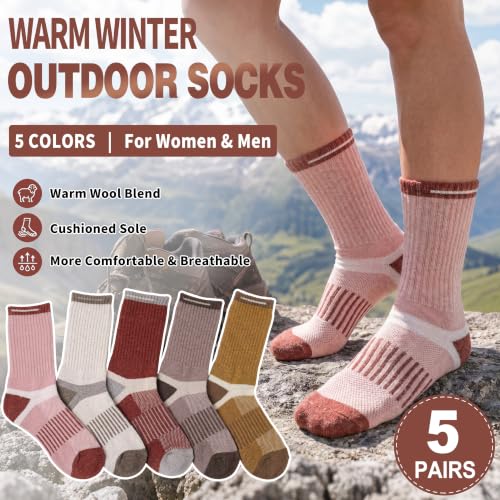 Image of MOGGEI 5 Pairs Merino Wool Hiking Socks Warm Thermal Winter Cozy Cushioned Moisture Wicking Socks for Women & Men