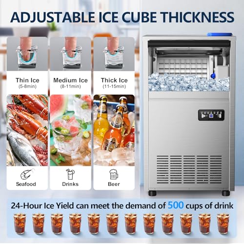 Image of Commercial Ice Maker Machine 150LBS /24H,45Lbs Storage,2 Water Inlet Modes | 50Pcs Clear Ice Cubes in 8-15Mins, Stainless Steel, Freestanding For Home,Bar,Office,Shop, Supports 3 /5-Gallon Bottle