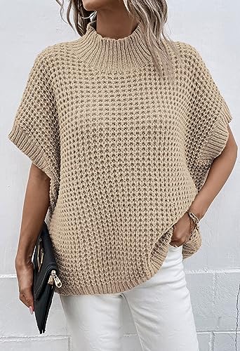 Viottiset Womens Oversized Short Batwing Sleeve Mock Neck Sweater Vest Fall Sleeveless Pullover Knit Sweaters3