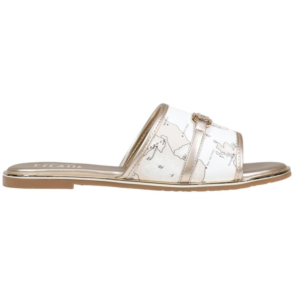 1ª Classe Sandalo Piatto da Donna, Bianco e Oro, Stampa Mappa del Mondo, Slip On, Pelle Sintetica (38)