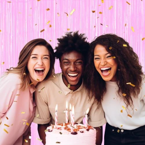 Image of DECOCKRAT 2 Pack Foil Fringe Backdrop - Pastel Pink Shiny Tinsel Curtains for Party Decoration /Photo Booth Props - 3.3x6.6 FT Metallic Foil Backdrop for Birthday, Wedding, Graduation, Christmas.