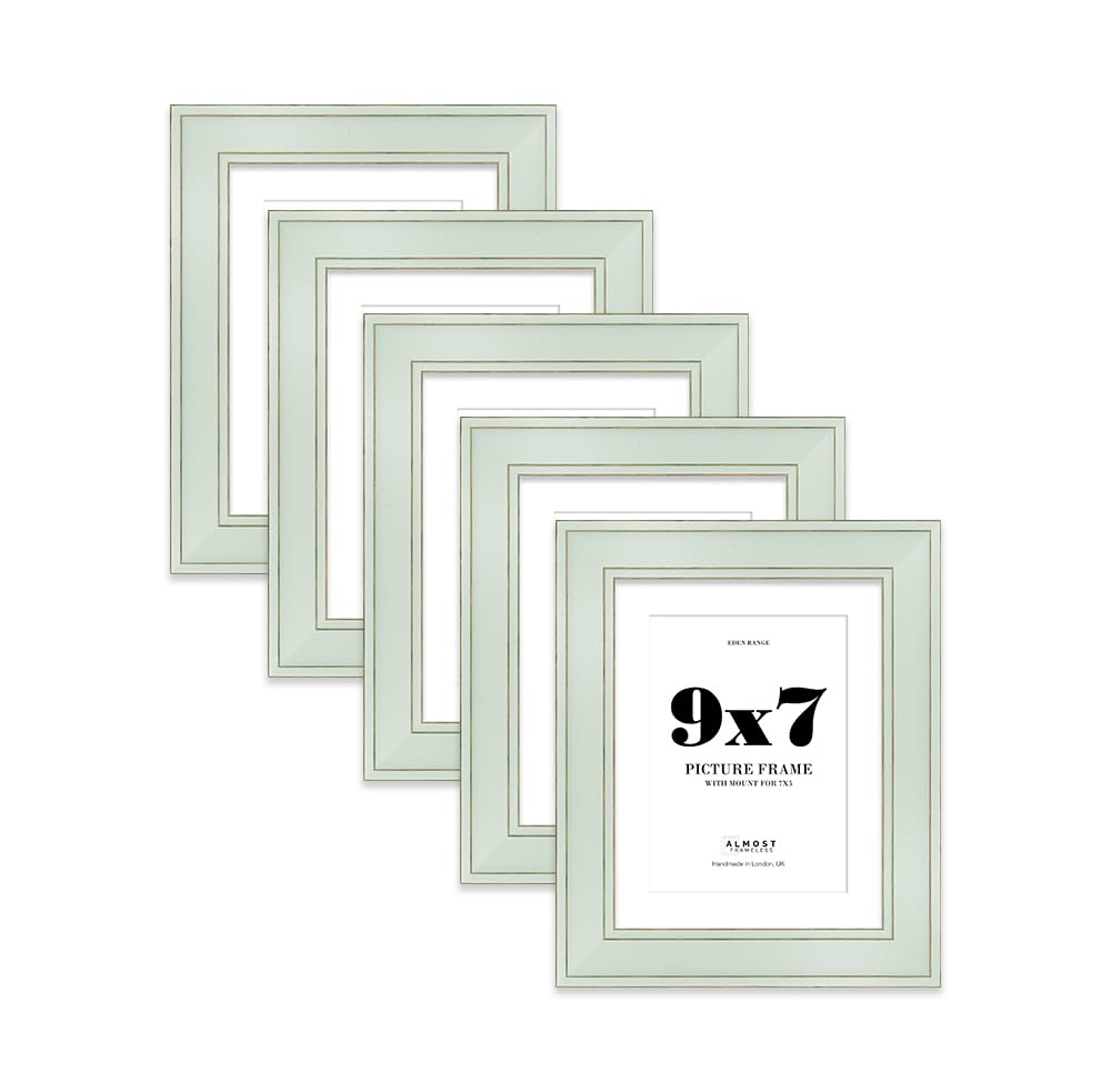 9x7" Sage Green Picture Frame with 7x5" Mount - Shabby Chic Photo Frame with Distressed Finish, Gold Trim, Wall Hooks and Kickstand, 37mm Edge - 5 Pack