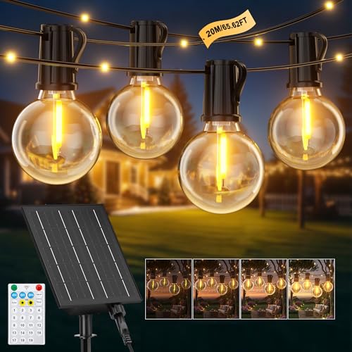 Guirlandas luzes solares exteriores, 20 m 65,6 Ft candeeiros solares de jardim luzes com 25 + 1 G40 lâmpadas e 48 pérolas LED, 19 modos impermeável grinalda solar para jardim, terraço, Natal, festa