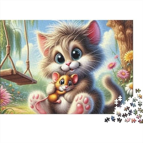 Rompecabezas de 1000 piezas para adultos de gatito con ratón y tablero sostenible de 38x26cm