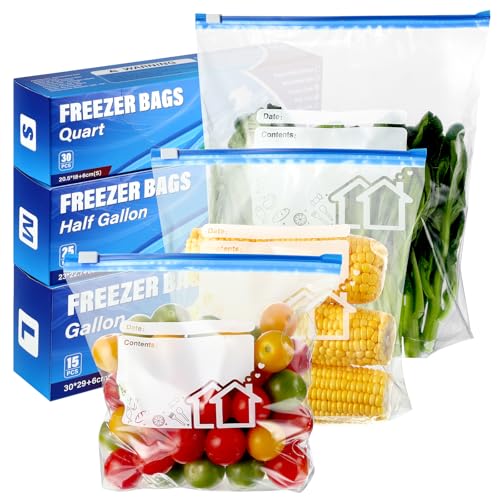 70 Pcs Zip Lock Bags 3 Sizes Freezer Bags (4.55L 2.27L 1L) Reusable Heavy Duty Food Bag with Expandable Bottom Ziplock Sandwich Bag for Fruits Veggies Meat Snacks