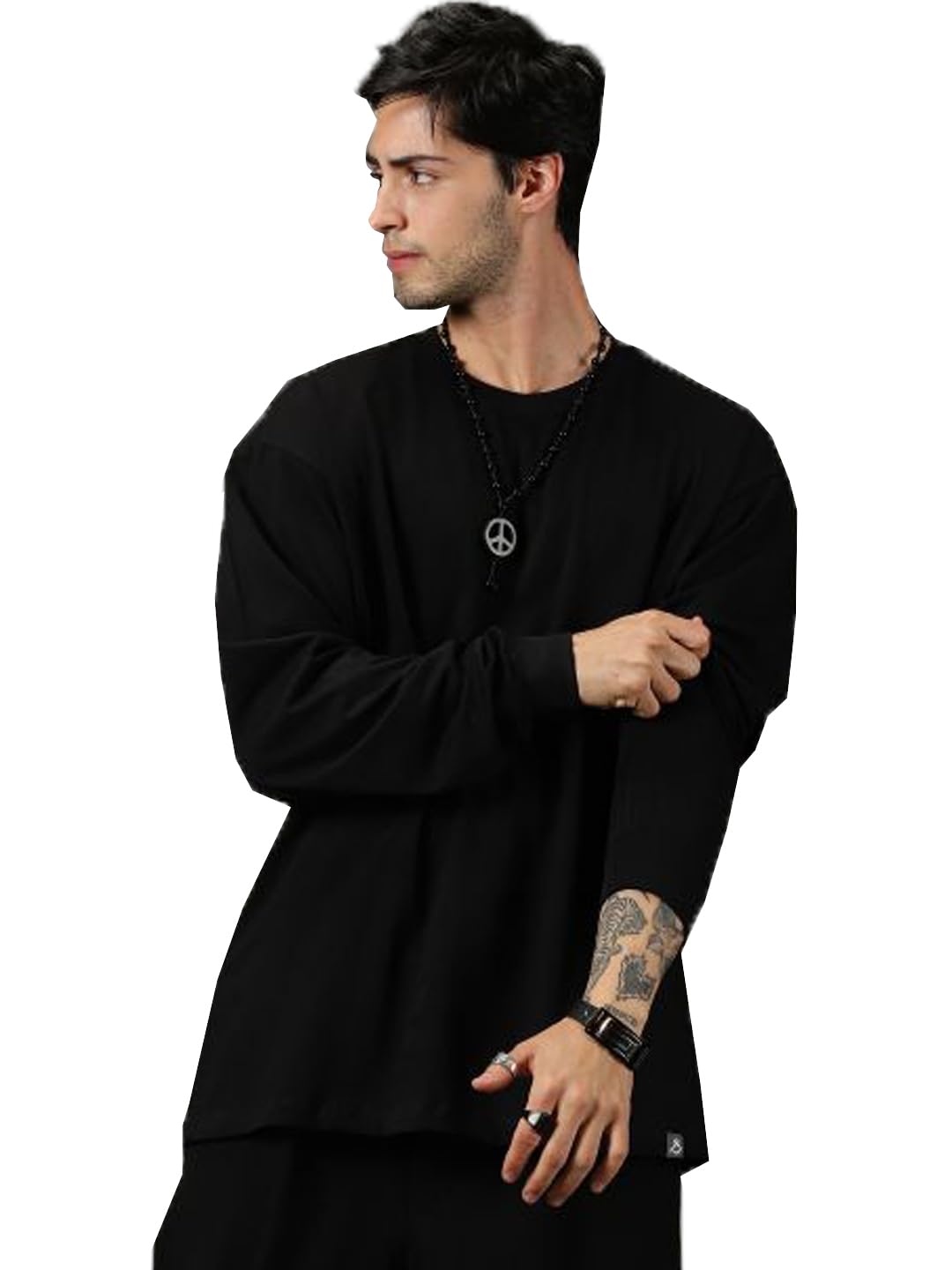 Oversized Cotton Plain Full Sleeve Round Neck T Shirt for Men