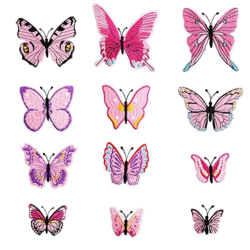 JURENEE 12 Pièces Écusson de Papillon Rose, Écusson de Broderie, Patch de Papillon en Polyester, Autocollants de Papillon Appliques à Coudre DIY, Ecusson...