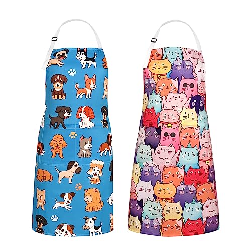 Aspmiz 2Pcs Cute Apron Adults, Waterproof Cartoon Animals Kitchen Apron With 2 Pockets, Adjustable Bib Neck Chef Apron Unisex, Bbq Cooking Apron For Grilling Garden, 27.6 X 31.5 Inch, Pet Lover Gift #TOP1