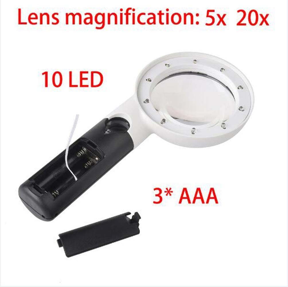 Ręczna lupa 5X 20x ze światłem 10 diod LED dla seniorów Czytanie mapy, hobby dzieci, lupa jubilerska, naprawa zegarków, rękodzieło, kolekcja Chaser of Light