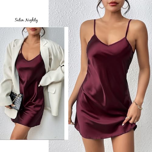 Image of Avidlove Satin Nightgowns for Women Silk Slip Dress Sexy Sleepwear | Adjustable spaghetti straps,elegant V neck,flattering mini lingerie dress,comfortable all day wear