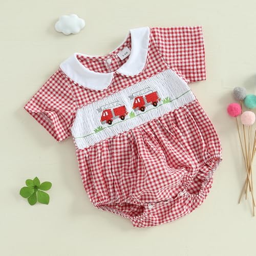 Honganda Newborn Infant Baby Girl Bubble Romper Fire Truck Doll Collar Short Sleeve Smocked Onesie Plaid Jumpsuit3
