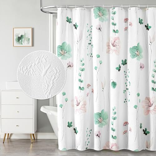 Image of QiyI Watercolor Floral Shower Curtain, 3D Embossed Textured Sage Green Flower Bathroom Curtain, Modern Minimalist White Cloth Bath Curtain, Waterproof Fabric Shower Curtain Set with Hooks, 72x72 Inch