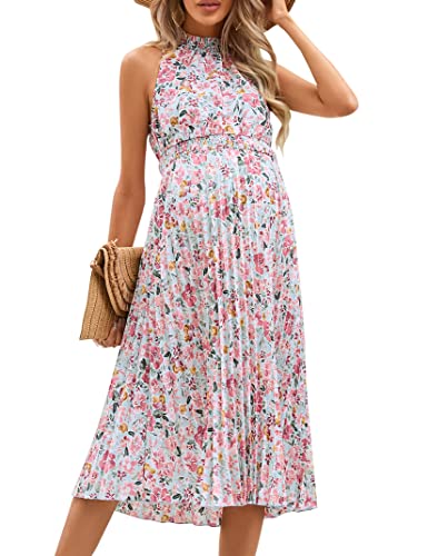 Kojooin Women's Maternity Sleeveless Halter Neck Summer Dress Boho Casual Smocked Pleated Midi Dress Baby Shower Photoshoot Purple Floral L #TOP23