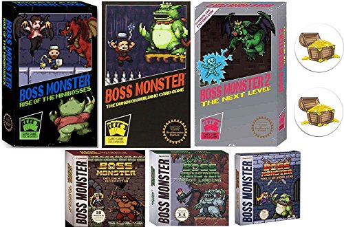 Boss Monster Card Game Bundle with Boss Monster 1, 2, and 3, Implements of Destruction, Crash Landing, Tools of Hero Kind Plus 2 Treasure Chest Buttons
