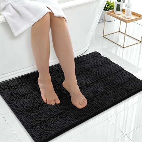 Image of Smiry Thick Chenille Bathroom Rugs 36x24, Extra Soft Absorbent Striped Bath Mat, Machine Washable, Rubber Backing, Bath Rugs for Tub & Shower, Modern Home Decor Accessories, Black