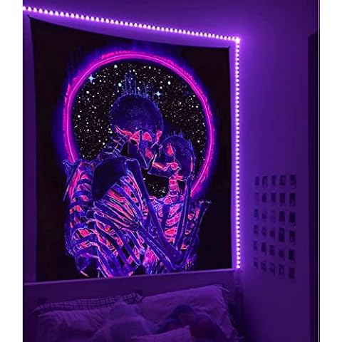 Manicer Blacklight Skull Tapestry, The Kissing Lovers Tapestry UV Reactive Trippy Neon Tapestries Glow in the Dark Party Backdrop, Skeleton Wall Art for Bedroom Living Room - 70.9" x 90.6" Cover