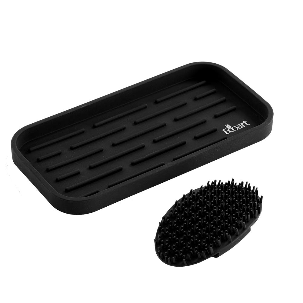 EcoartSilicone Sponge Holder Tray, Dishwashing Brush Holder, Sponge Caddy, Kitchen Sink Organizer,Bathroom Organizer,with Silicone Cleaning Brush 9.65*4.92*0.67 IN Black