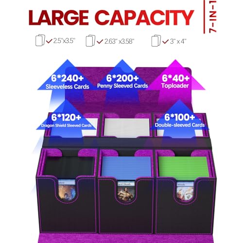 Image of Gomyrod Card Deck Box for MTG with Commander Display, 7 In 1 Card Storage Box Fits 600+ Double-sleeved Cards, Removable MTG Deck Case Fit for TCG /Sports /Baseball Cards with Dice Tray (Black & Purple)
