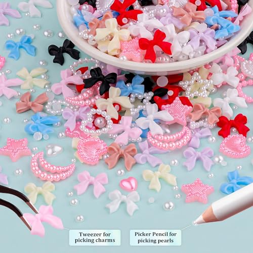 600 Pcs 3D Nail Charms and Flatback Pearls Set 1, 8 Colors Nail Bows Charm + Pink&White Star Heart Moon Cute Nail Jewels + 2-4mm White Nail Pearls for Nail Art DIY Decoration with Pickup Tools - Image 4