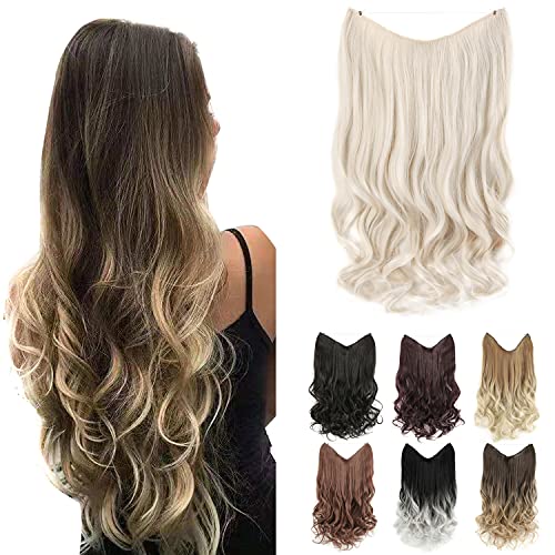 GIRLSHOW Halo Synthetic Hair Extensions 24 Inch 4.8 Oz Curly Wavy Long Invisible Transparent Wire Adjustable Size Heat Resistance Fiber No Clip Hairpieces for Women (Ash Platinum Blonde -#36, 24 Inch)