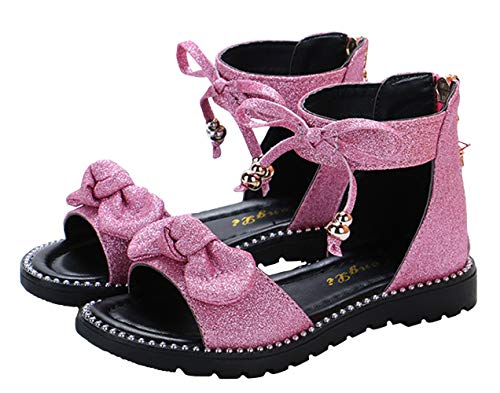 Girls’ Sweet Bows Ankle Strap Back Zipper Roman Sandals Flats Pink Size 1.5M2