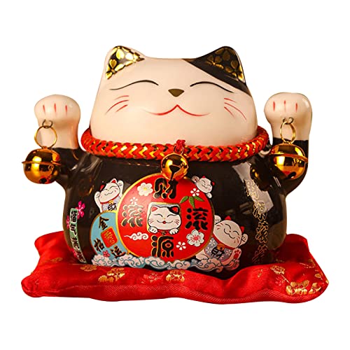 Jenngaoo Ceramic Waving Lucky Cat Figurine, 4.5 Inch Japanese Beckoning Maneki Neko Statue for Home Office Decor, Wealth & Good Luck Attraction, Black