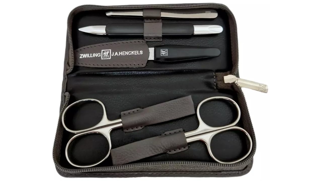 Zwilling – Maniküre Set 5-teilig - Manicure - Nagelschere - Pinzette - Nagelpflege - Reißverschluss-Etui - Leder-Etui - 13,8 x 6,5 x 2,5 cm - dunkelgrau