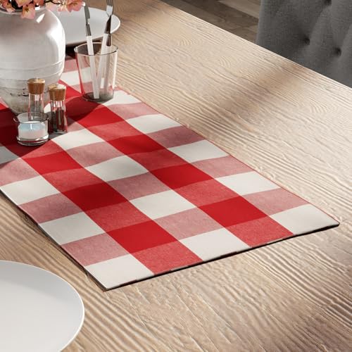 Image of Encasa XO Cotton Table Runner, 4 Seater Dining Table Decor Red | 200 GSM Heavy Weight | Machine Washable | Surface Protection | Rustic Farmhouse Style | 13 inchx36 inch