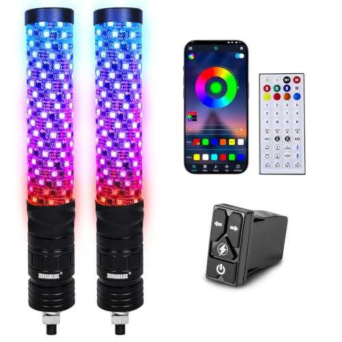 Image of ZIMABLUE 2PC 1FT Fat Whip Lights for Side by Side, App & Remote Control RGB Chasing Light whip with 3 Switchs for ATV UTV Dune Buggy Truck,LED Whip Light Compatible with Polaris RZR Can-Am Maverick X3