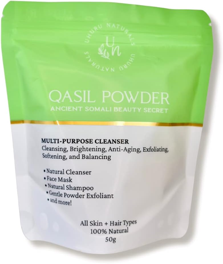 Uhuru Naturals Qasil Powder 50 Grams – Ancient Somali Beauty Secret, Gentle Deep Cleansing Facial Mask for Beautiful Glowing Skin. Reduces Dark Marks and Scars. Brightens. Detoxifies.