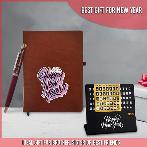 Image of Savri New Year Hamper - Pen with 'Dream. Believe. Achieve.' Quote Engraved, Diary & Infinity Calendar with 'Happy New Year' Engraved -Premium for Professionals, Employees, Corporate, Men & Women (Brown)