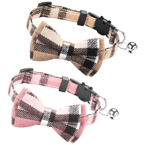 2 Pack Plaid Cat Collars,Detachable Cat Ties with Bow&Bells,Quick Release Safety Collars Soft Tartan Bow Tie Collar Adjustable Collars for Cats,Kitten&Puppy Small Pets Supplies