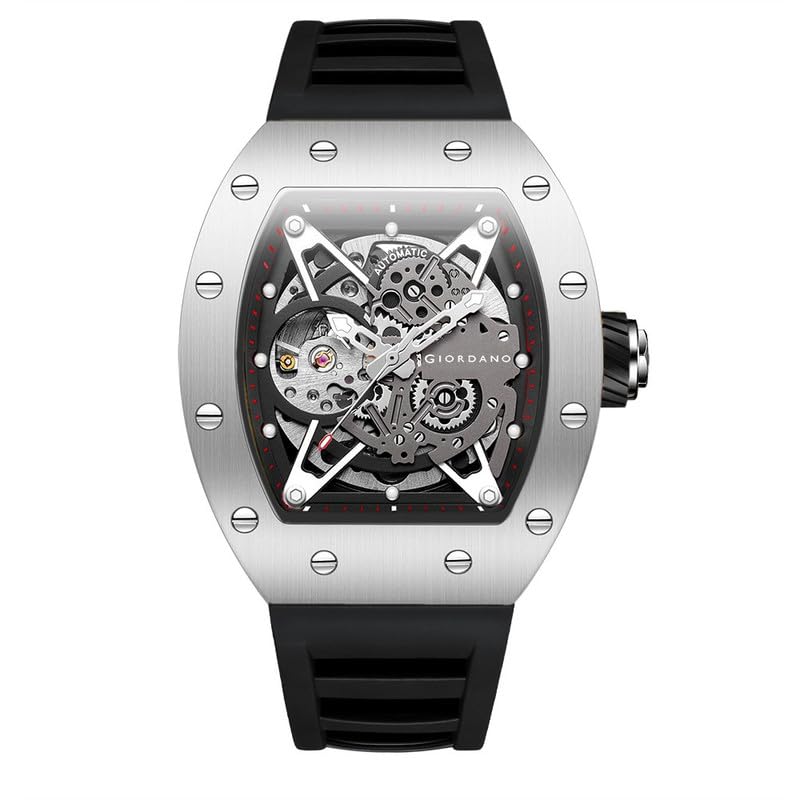 Image of Giordano Automatic Wrist Watch for Men - Open Skeleton Dial | Brushed Steel Case Mechanical Movement with Silicone Strap
