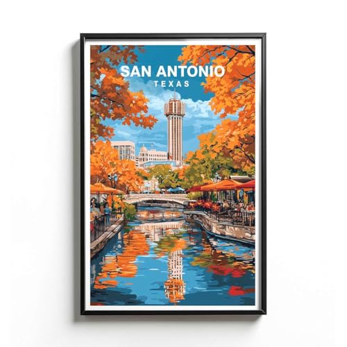 KiKi8xyBox San Antonio Texas Travel Poster - Retro Wall Art Featuring River Walk and City Tower - Vintage Style Print for Home Decoration - Scenic American Southern City Landscape