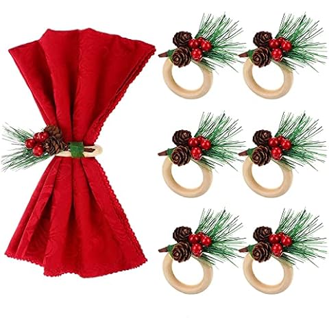6 Pieces Christmas Napkin Rings Holder Pine Cones Poinsettia Pumpkin Wooden Napkin Rings Decor for Christmas Thanksgiving Birthday Party Supplies Cover