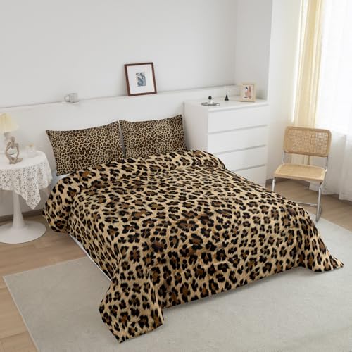 Image of Feelyou Kids Leopard Print Comforter Set Twin Size, Cowhide Bedding Set Boys Girls Brown Cow Fur Comforter Animal Duvet Insert Kids Room Decor 3Pcs