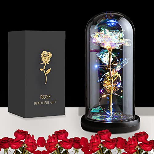 JUSTOYOU Cadeau de rose pour femme, mère, épouse, rose artificielle colorée, cadeau éternel dans un dôme en verre, rose arc-en-ciel pour anniversaire, Noël, fête des mères (blanc) Cover