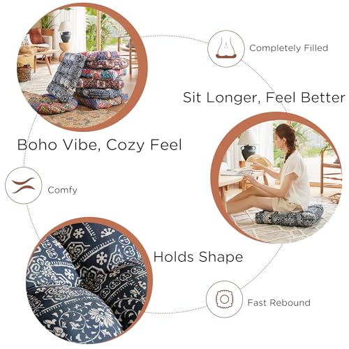 Codi Meditation Floor Pillow Set of 2, Large Pillows Seating for Adults and Teens, Bohemian Cushion for Fireplace Yoga Living Room Sitting, Memory Foam Added, 22x22 Inch Indigo Elephant - Image 4