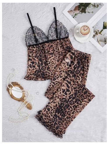 Women's 2 Piece Sexy Mesh Sheer Pajama Set Leopard Print Ruffle Trim Cami Top and Pants Sleepwear Cheetah Print Pjs2