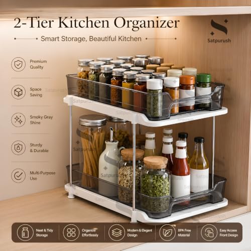Image of Satpurush 2 Tier Kitchen Organizer Rack for Countertop, Space Saving Multipurpose Organiser with Transparent Trays for Spice Jars, Oil Bottles & Containers, (27.5 x 28 x 19 cm, Smoke Gray)