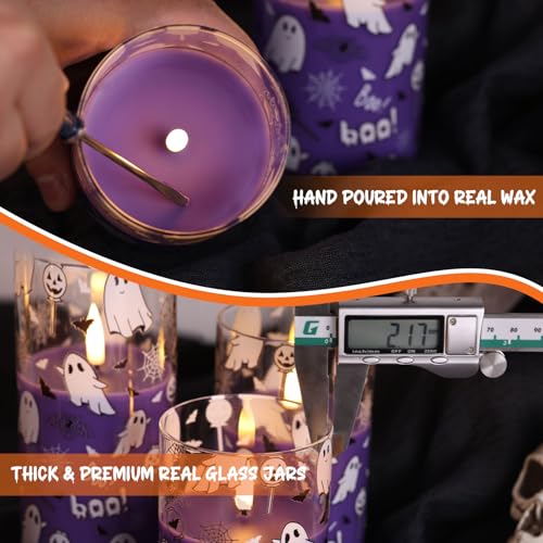 Image of Purple Ghost Halloween Flameless Pillar Candles with Remote Set of 3