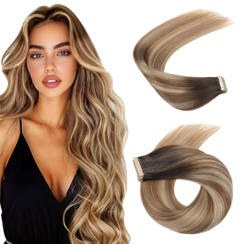 HotLulana Extensiones Adhesivas Pelo Natural Negro Natural Marrón Oscuro a Castaño y Rubio Sucio Resaltado(2/6/18K#) 20pcs 35cm 40g 14pulgadas Invisible Skin Weft Extensiones Pelo Natural.