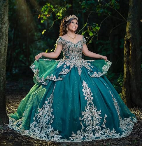 XYAYE Off Shoulder Quinceanera Dresses with Bow Puffy Tulle Sweet 15 16 Dresses Gorgeous Gold Applique Beaded Ball Gown4